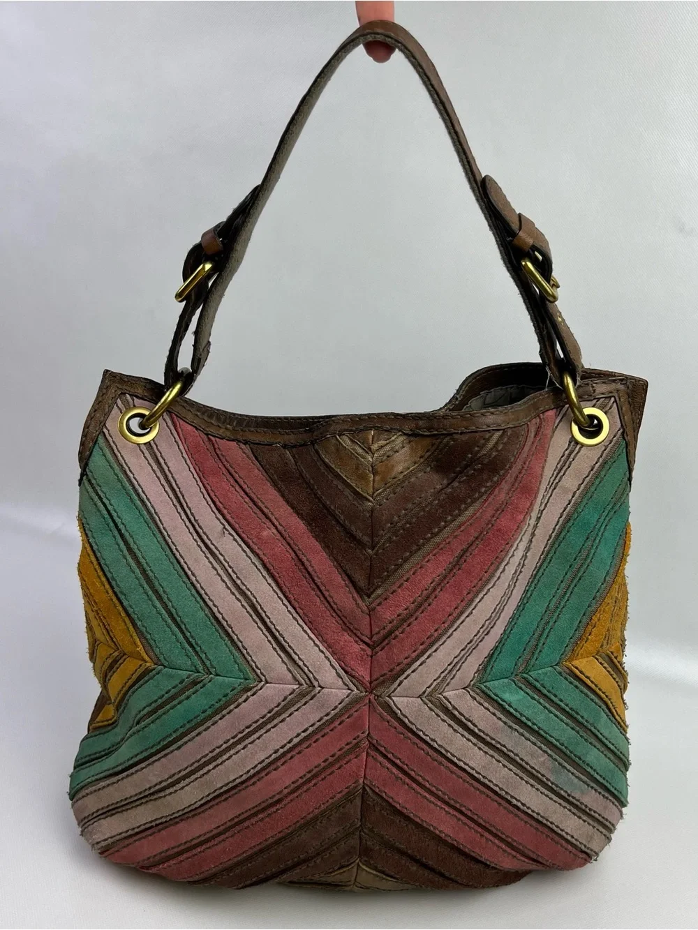Vintage Fossil Y2K Crossbody Bag Boho Chevron Leather Suede Purse